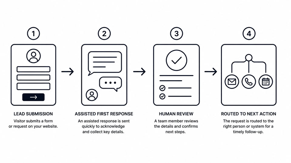 Diagram showing AI workflow follow-up from first response to human handoff.